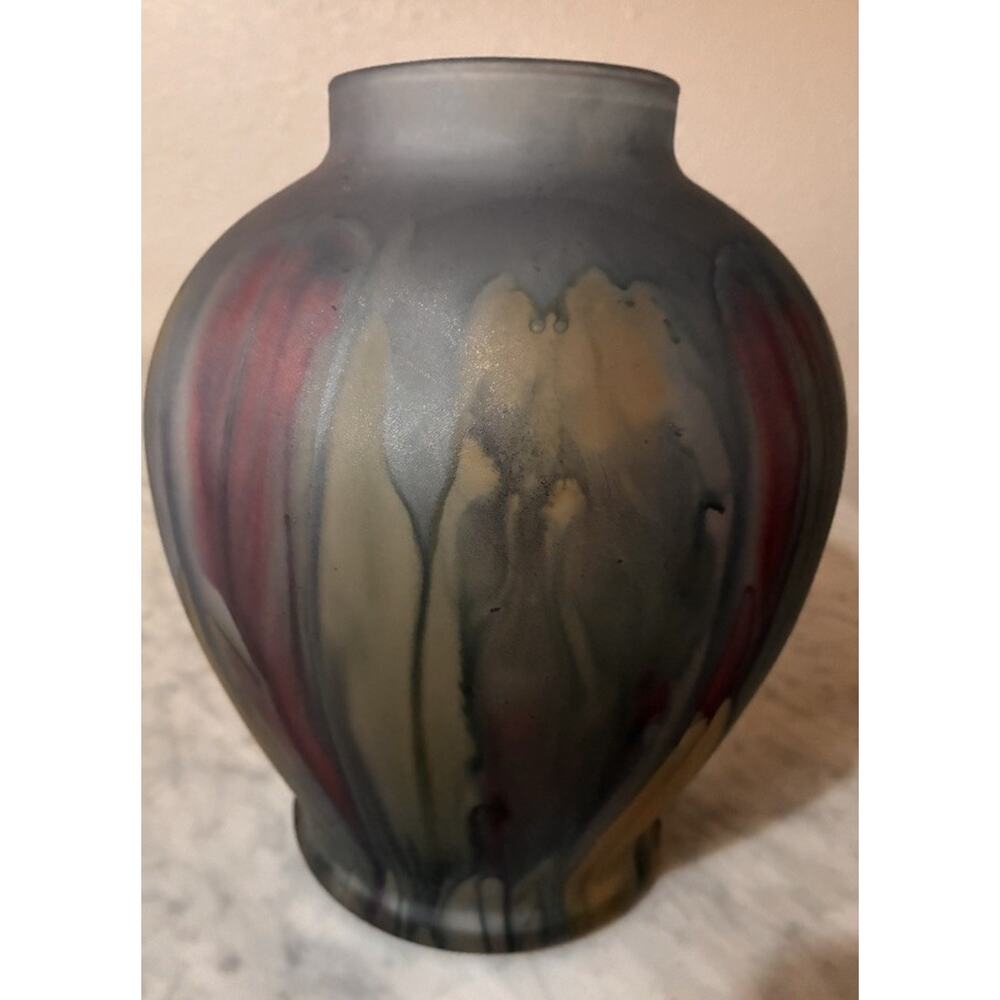 Rueven Hand Painted by Nouveau Art Glass Inc 9” Vase Pink Blue